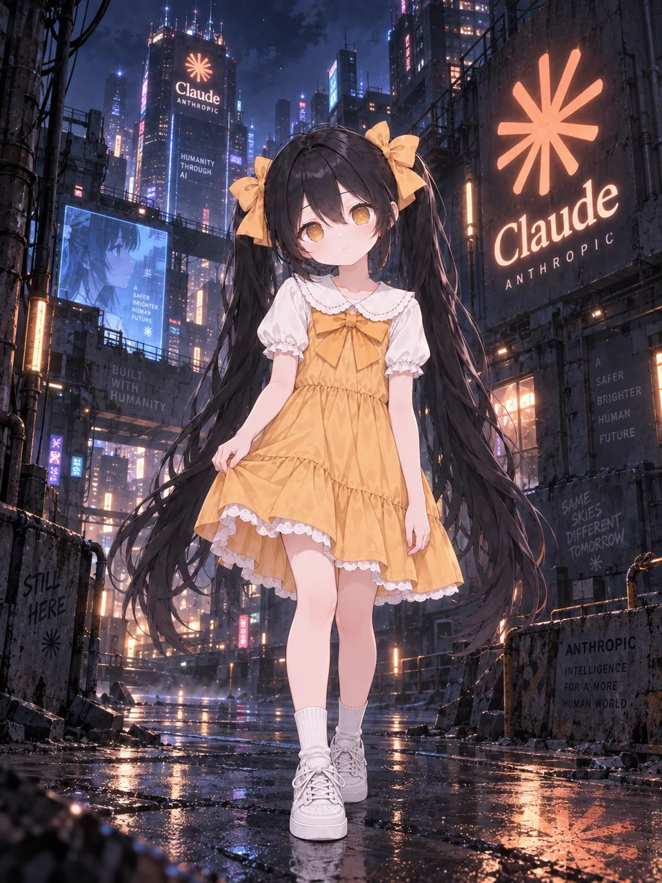 黑双马尾、戴黄色蝴蝶结、穿黄色连衣裙的Claude娘站在雨夜街头,身后是写有「Claude ANTHROPIC」的霓虹广告牌与高楼。