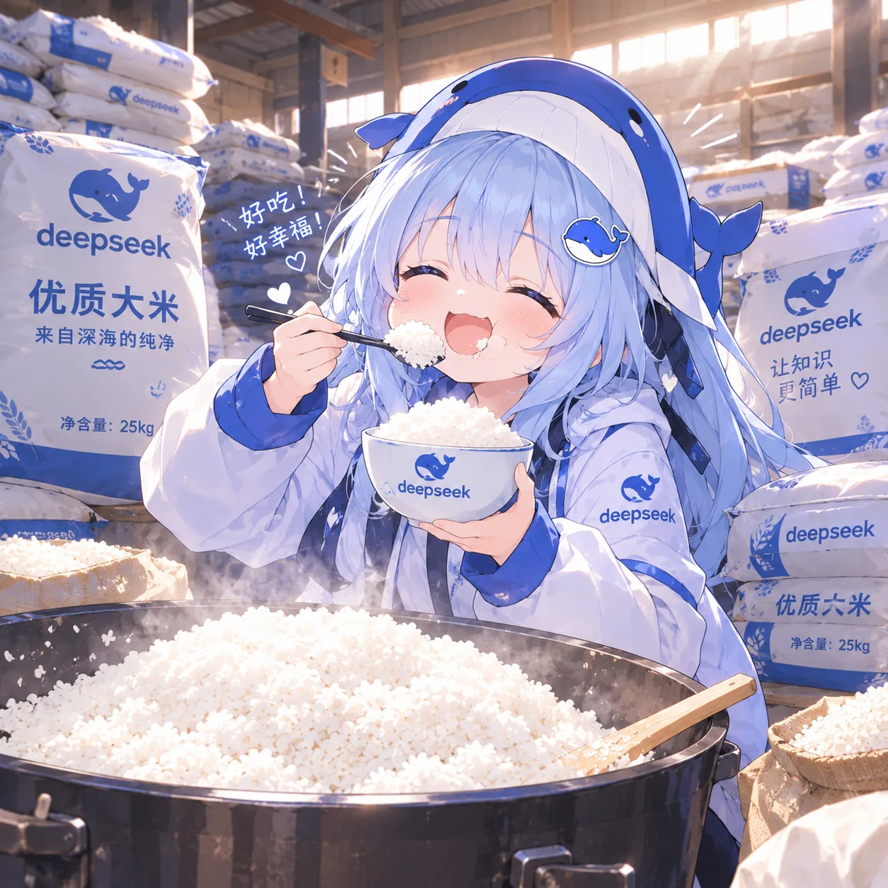 DeepSeek 拟人化蓝发少女坐在堆满「deepseek 优质大米」的粮仓里，抱着印着鲸鱼标志的饭碗大口扒饭，身旁是一整锅冒热气的白米饭。