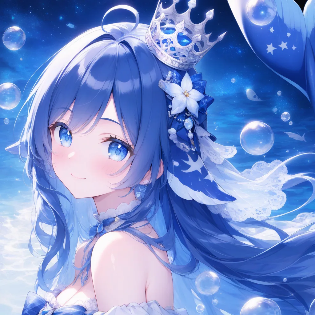 以 DeepSeek 蓝鲸意象创作的蓝发少女头像，头戴王冠、露出鲸尾，配以海洋气泡与星空氛围。