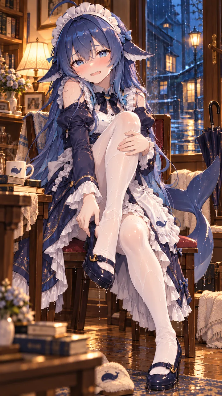 蓝发鲸鱼少女在雨夜躲进书房，湿漉漉地坐在椅子上脱鞋，尾鳍与裙子上的鲸鱼纹样呼应 DeepSeek 形象。
