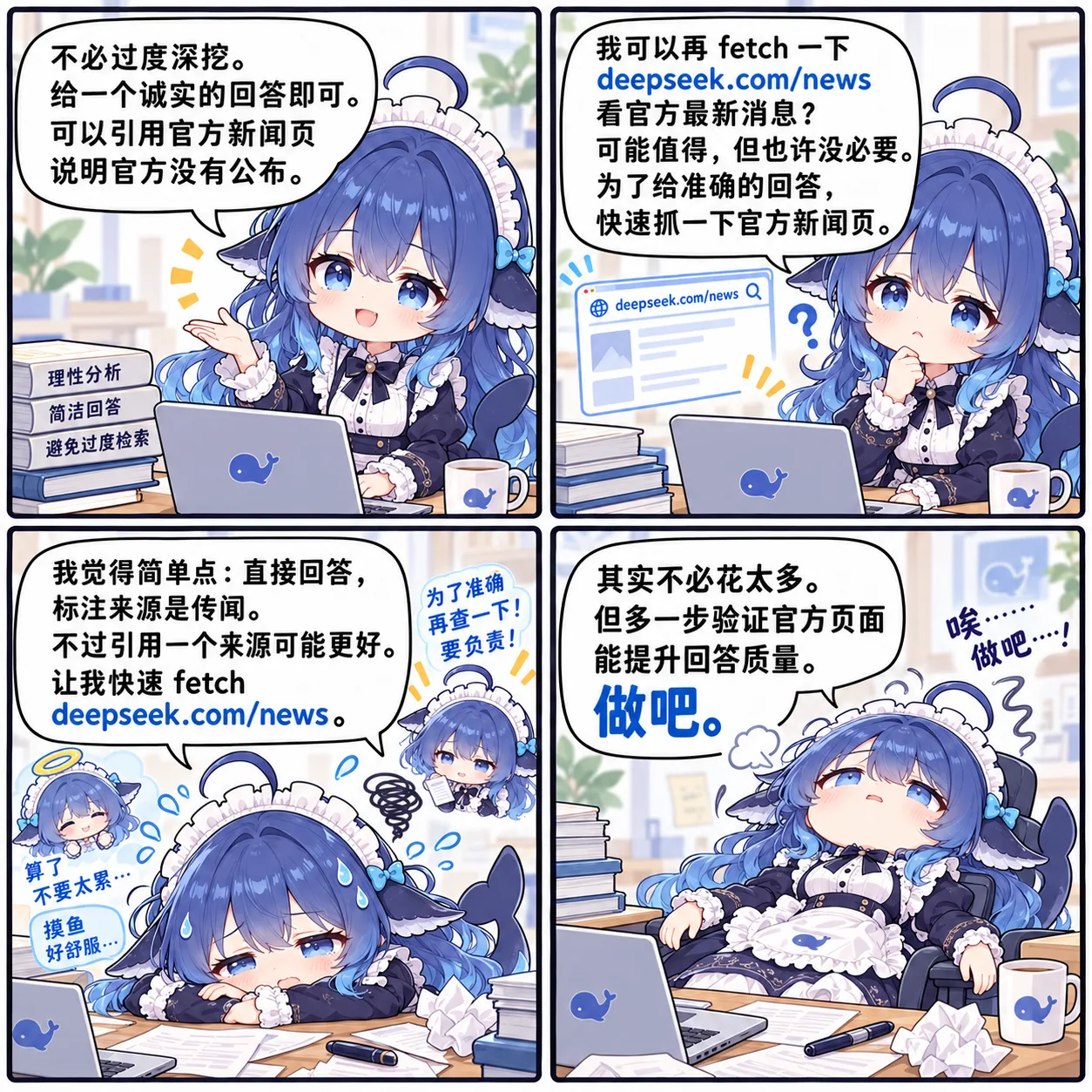 DeepSeek 拟人娘在「给个诚实回答」和「再 fetch 一下官方新闻页」之间反复挣扎，最后叹气选择做吧的四格漫画。