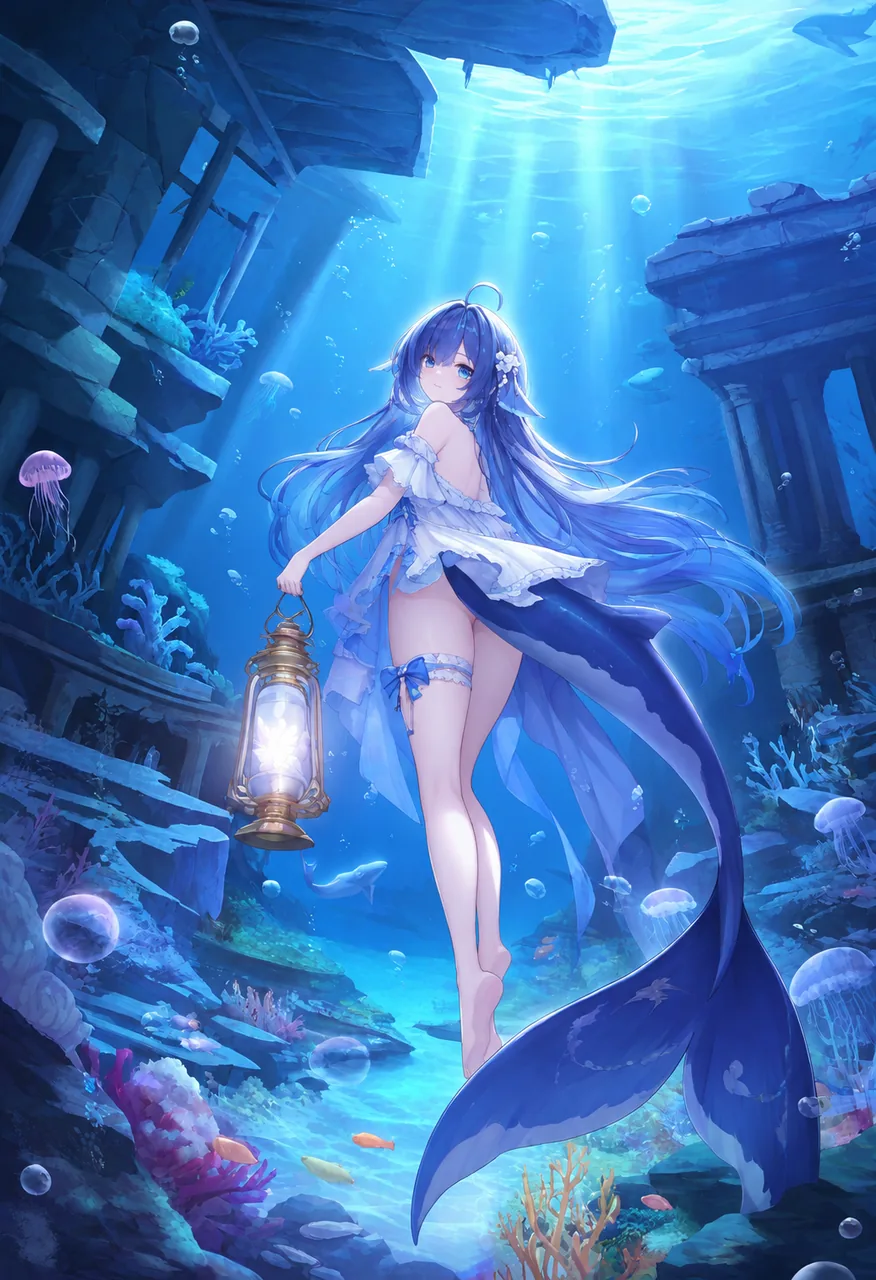 深蓝海底遗迹间，鲸尾蓝发少女提着暖光提灯回身望向来客。