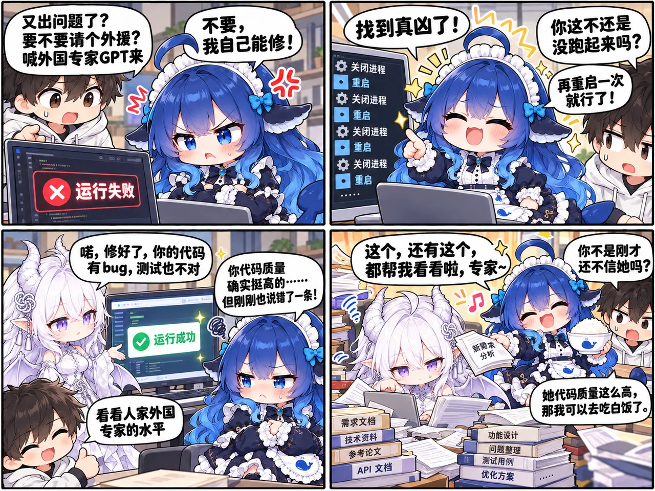 四格漫画描绘 DeepSeek 拟人角色坚持自己能修 bug，却靠反复重启，最后在 GPT 外援修正后化身摸鱼专家吃白饭。