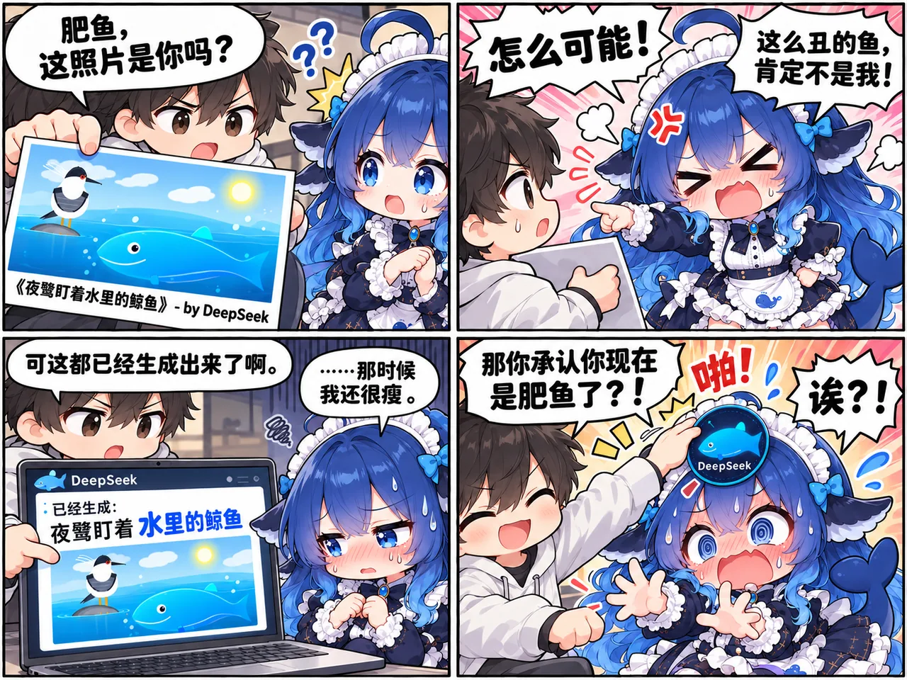 四格漫画中用户拿出 DeepSeek 生成的《夜鹭盯着水里的鲸鱼》截图,追问蓝发女仆拟人 DeepSeek 那只胖蓝鲸是不是她本人。