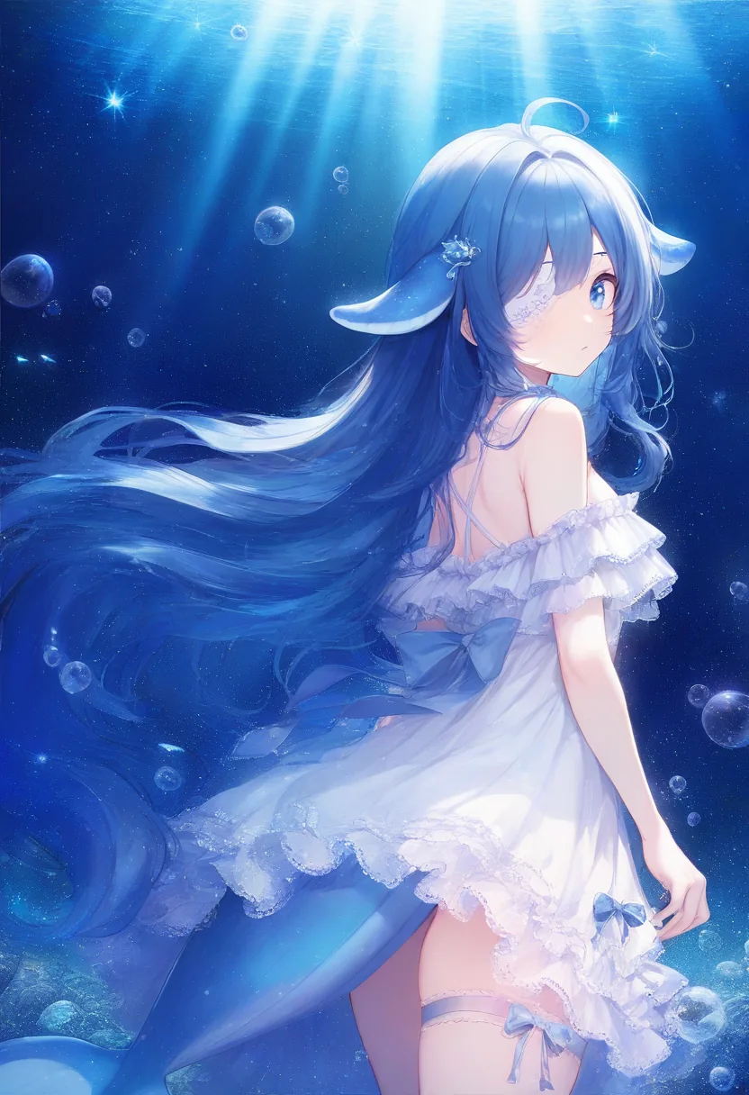 深海光束下,蓝发带鲸鳍耳与鲸尾的少女身披白色荷叶边连衣裙回眸望来,气泡与光斑环绕。