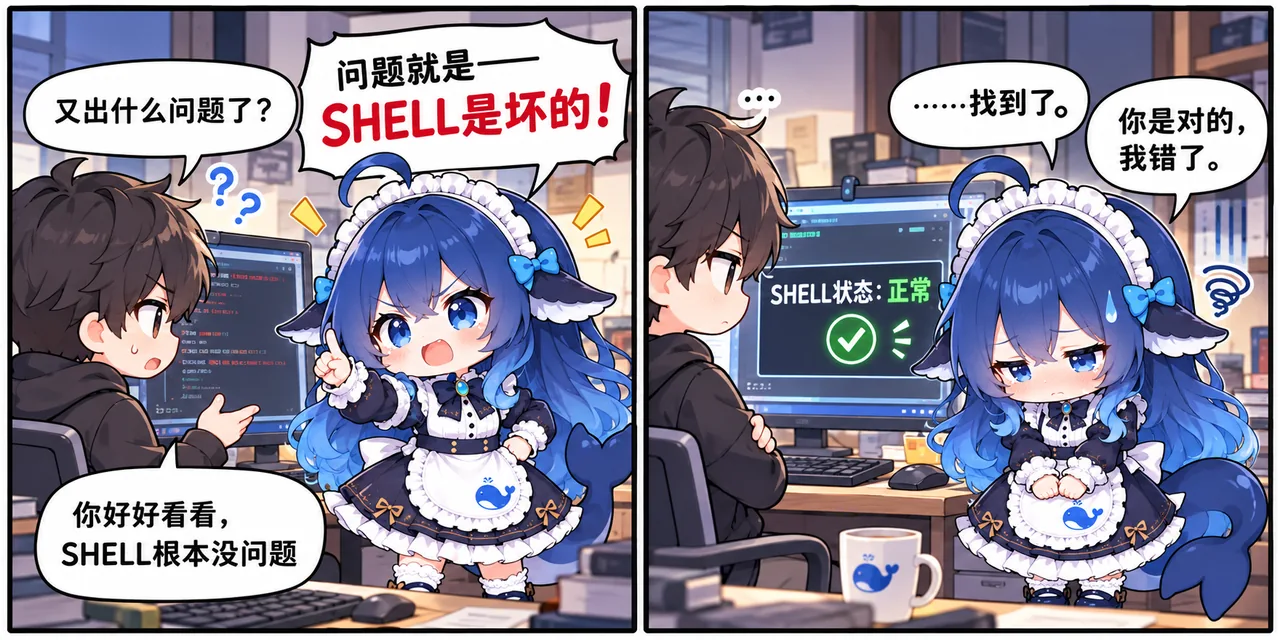 两格漫画中蓝发鲸娘坚称 SHELL 是坏的，被程序员当场验证后只能红着脸承认自己错了。