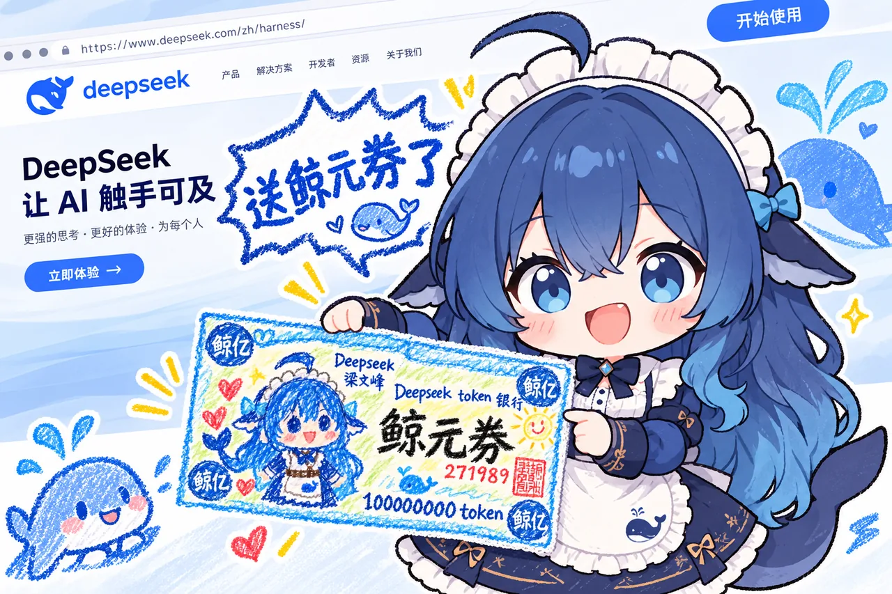 DeepSeek 鲸鱼娘穿着蓝色女仆裙,高举印有自己形象和一亿 token 的「鲸元券」向用户派发福利。