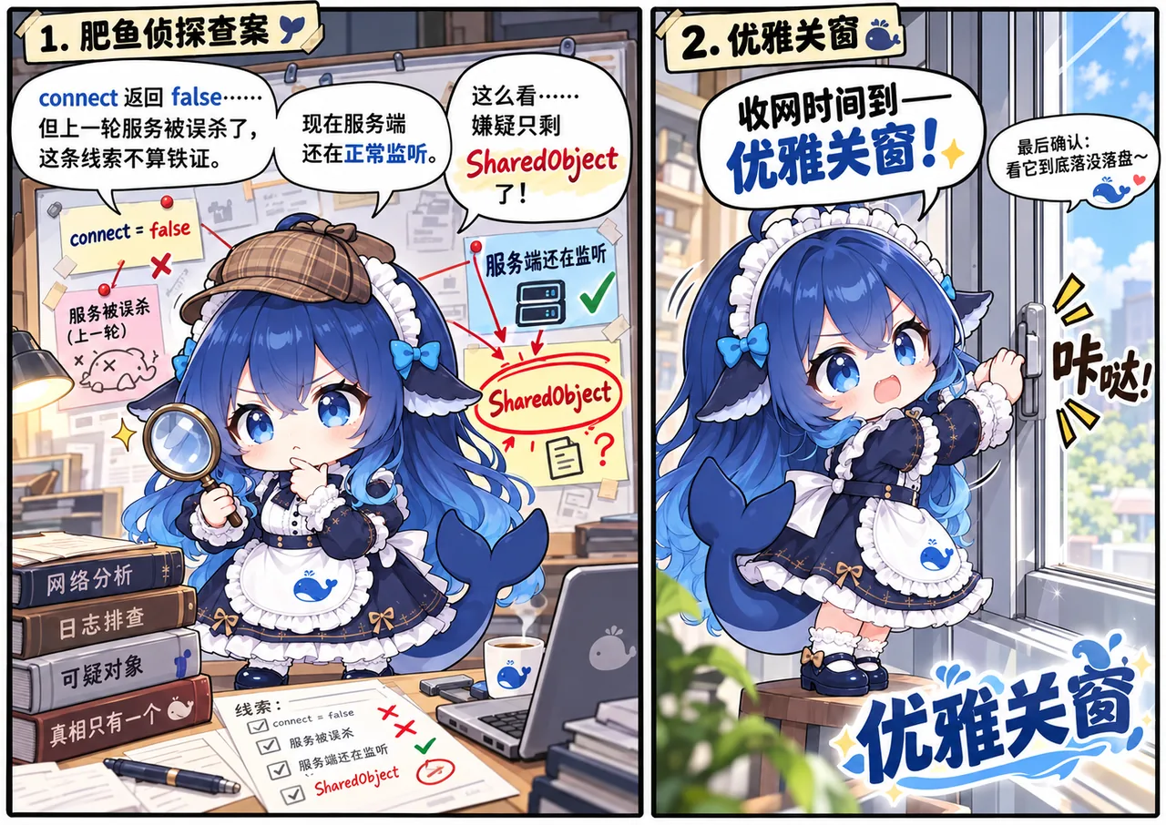 DeepSeek 蓝鲸娘化身侦探排查 connect=false 与服务端监听线索，锁定 SharedObject 后收网关窗的两格漫画表情包。