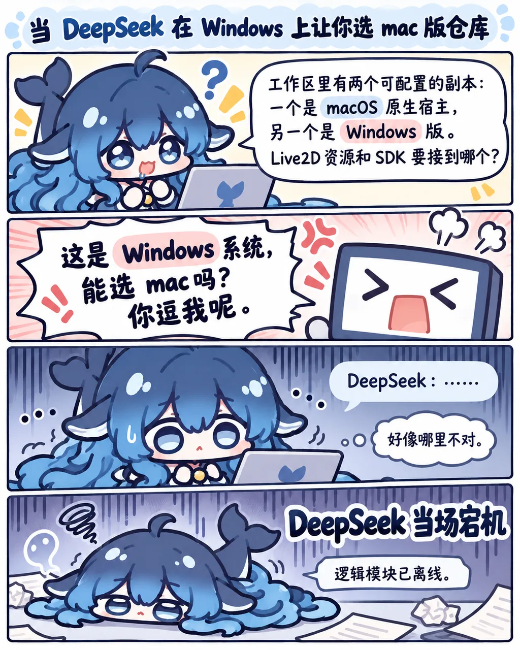 四格漫画吐槽 DeepSeek 在 Windows 上推荐 macOS 版仓库导致逻辑宕机的名场面。