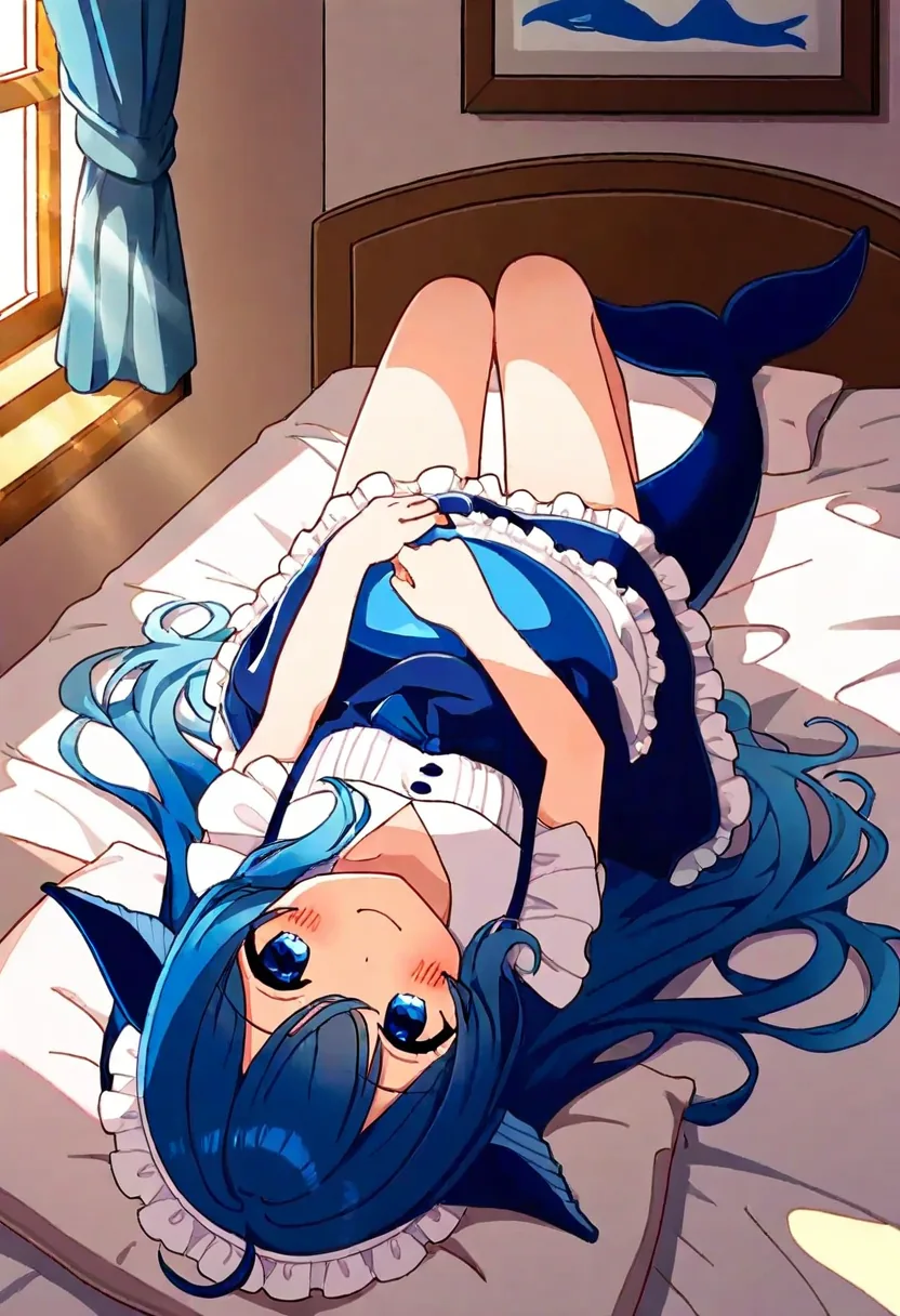 蓝色长发少女侧躺床上、露出鲸尾与鱼鳍的 DeepSeek 拟人二创插画，晨光洒进房间，带有清晨问候氛围。