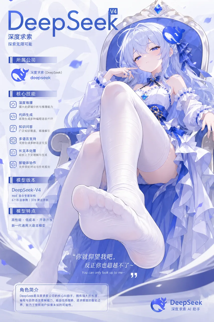 DeepSeek 拟人化少女角色设定海报,配以 V4 模型档案与「你只能仰望我」的傲娇台词。