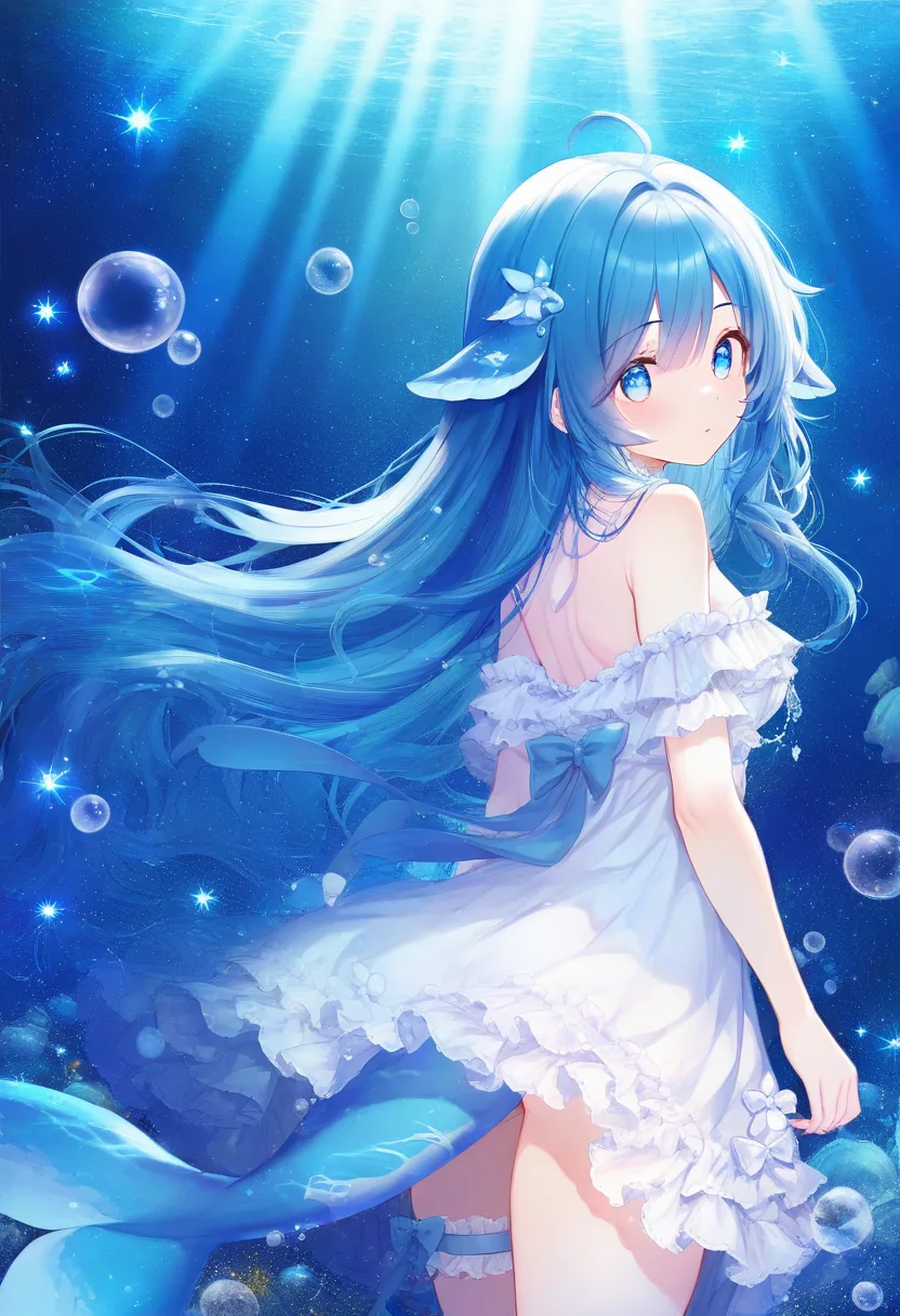 蓝发蓝瞳的拟人少女置身幽蓝海底，鳍状耳饰与鱼尾暗示深海鱼设定，回眸望向镜头。