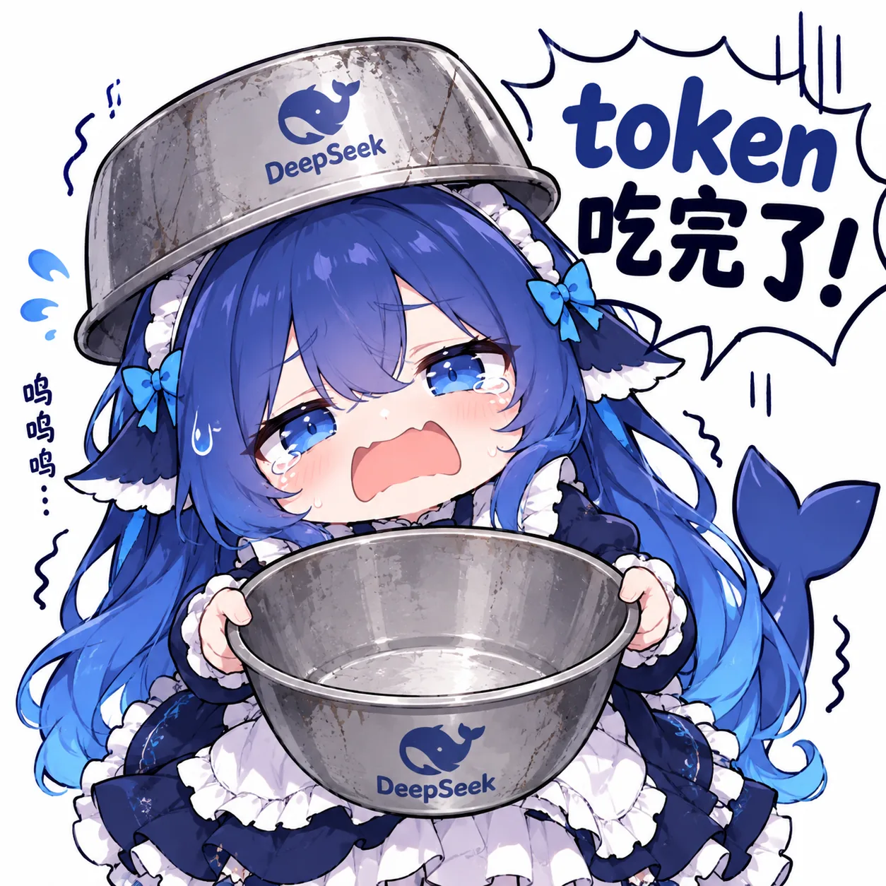 蓝发鲸鱼娘捧着空铁盆哭着喊“token吃完了”，用讨饭梗表达大模型额度耗尽的窘境。