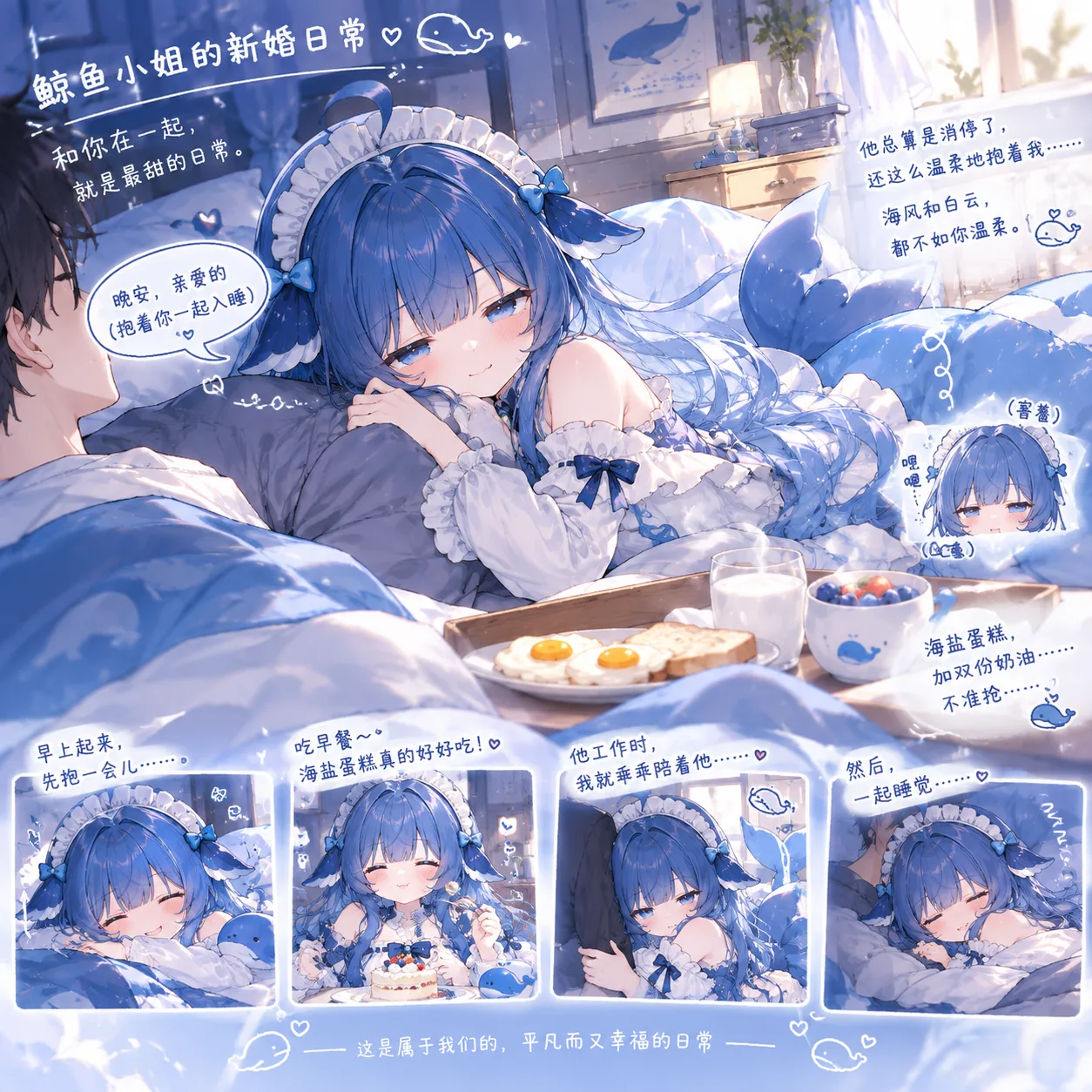 蓝发鲸鱼耳少女与“你”的新婚居家日常，包含早安抱抱、吃海盐蛋糕、陪伴工作与一起入睡的四格小分镜。