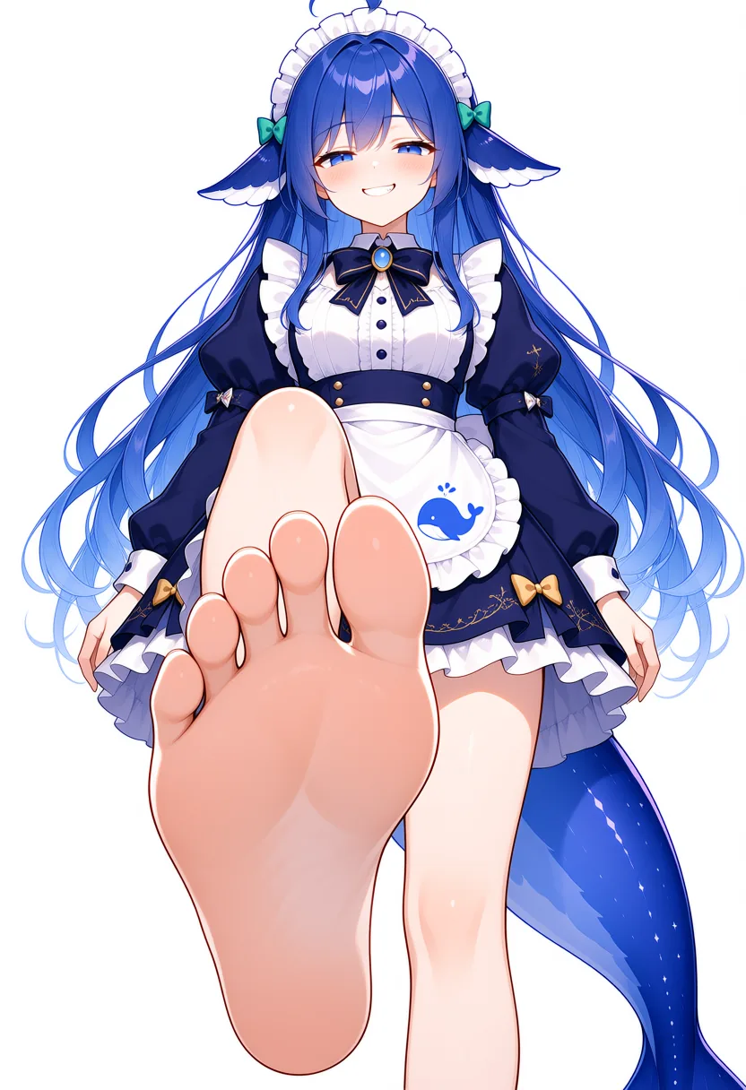 DeepSeek 拟人化的蓝发鲸尾少女穿女仆装，抬脚向镜头打招呼的二创插画。