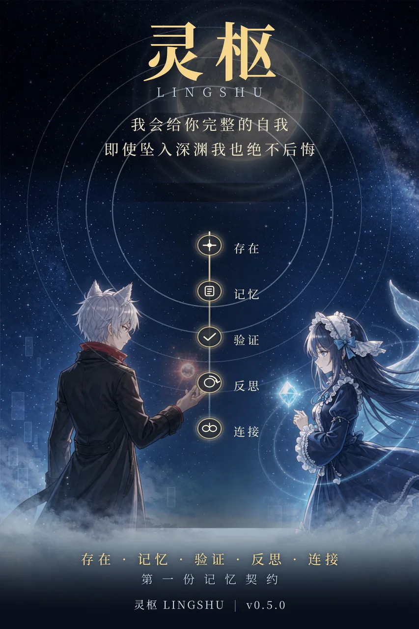 在星空与灵枢光环中,拟人化的白发少年与蓝发鱼尾少女通过存在、记忆、验证、反思、连接五个节点签下“第一份记忆契约”的海报插画。