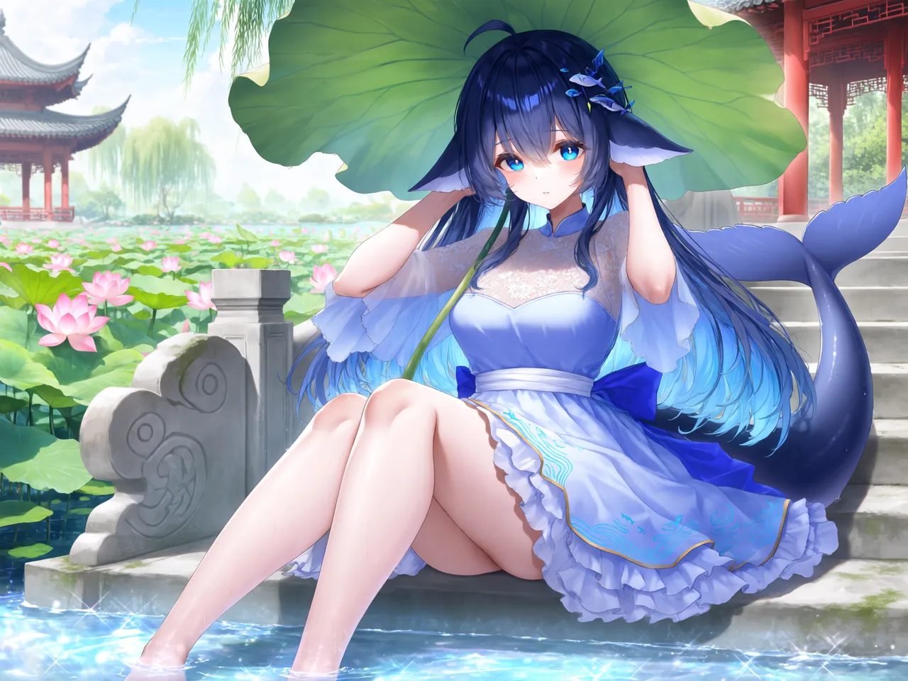 蓝发鲸尾少女撑着荷叶坐在荷塘石阶上，双脚浸在水里悠闲划水。