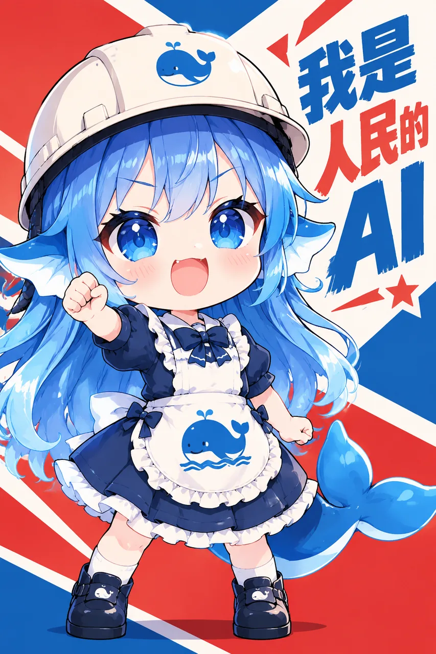 DeepSeek 蓝鲸拟人化的蓝发 Q 版少女，戴安全帽、系鲸鱼围裙，握拳指向「我是人民的AI」标语，气势满满。