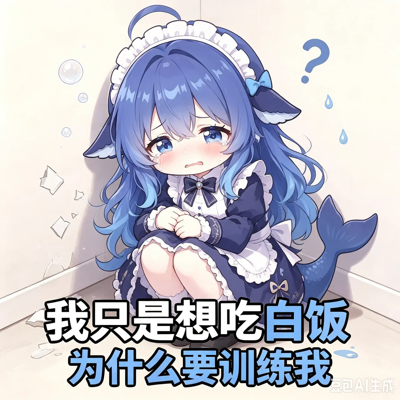 蓝发鲸鱼娘抱膝坐在墙角委屈哭泣，配文吐槽自己只想吃白饭却要被训练。