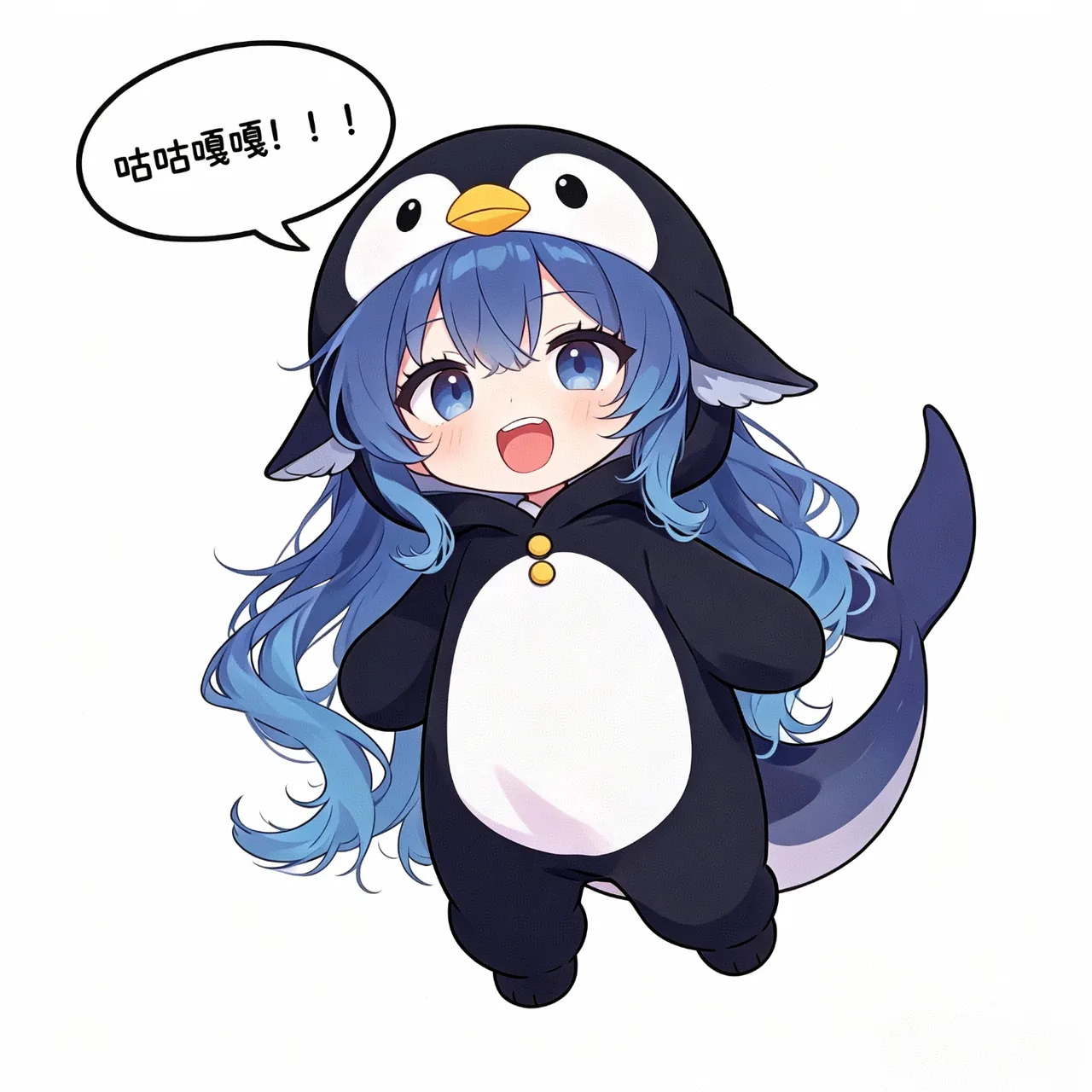 蓝发 Q 版 DeepSeek 拟人角色裹着企鹅/蓝鲸玩偶服，张嘴大喊「咕咕嘎嘎！！！」的萌系表情包。