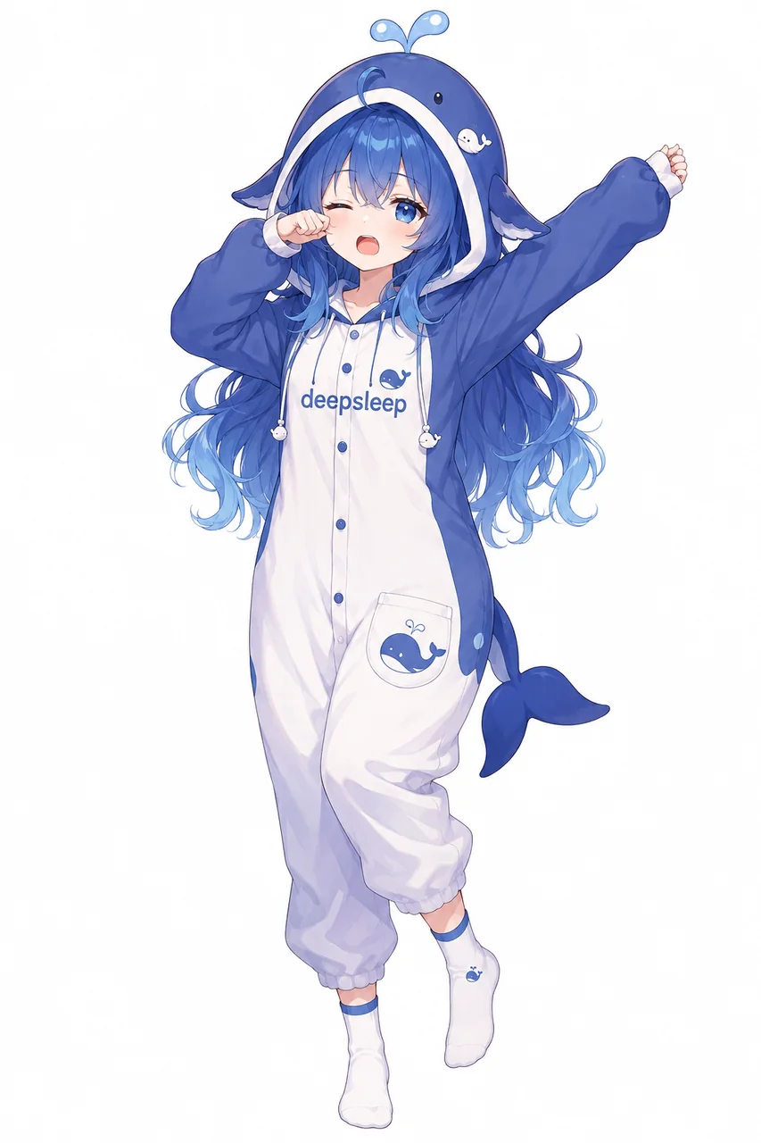 蓝发少女身穿蓝白连体鲸鱼睡衣，胸口印有“deepsleep”字样，鲸鱼兜帽带鳍和尾巴，她一手揉眼、张嘴打哈欠，单脚抬起伸懒腰。