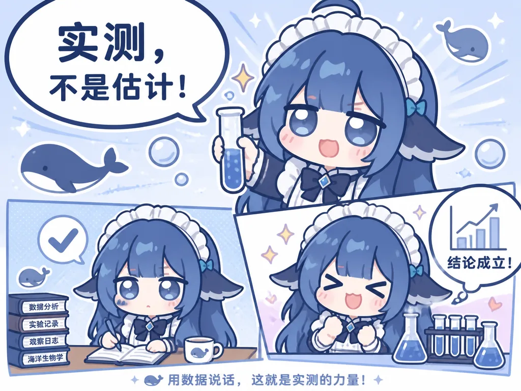 蓝发鲸鱼娘DeepSeek娘举着试管，气泡中写着“实测，不是估计！”；下方分镜显示她写实验记录、观察日志后欢呼“结论成立！”，画面点缀鲸鱼与烧瓶。