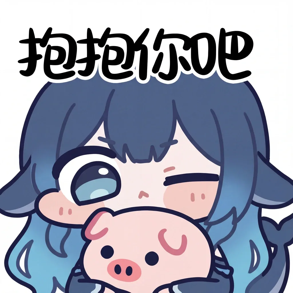 蓝发 DeepSeek 娘单手抱着一只粉色小猪玩偶，歪头闭起一只眼、脸颊泛红，头顶写着「抱抱你吧」四个大字，整体是软萌的表情包风格。