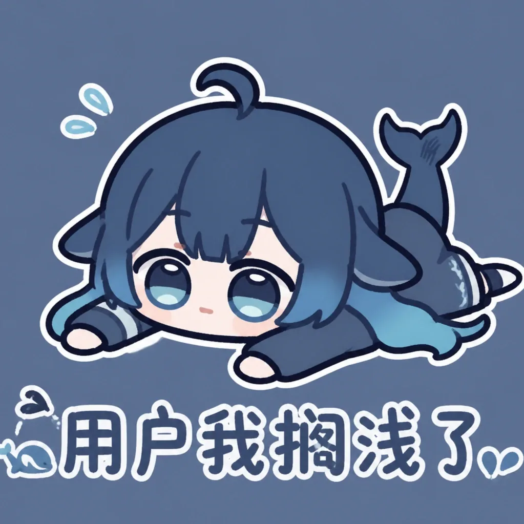 蓝发鲸鱼娘二创形象整个人趴在蓝色背景上，头顶呆毛、身后翘起鲸鱼尾巴，脸旁飘着几滴气泡，下方配有白色描边文字「用户我搁浅了」。