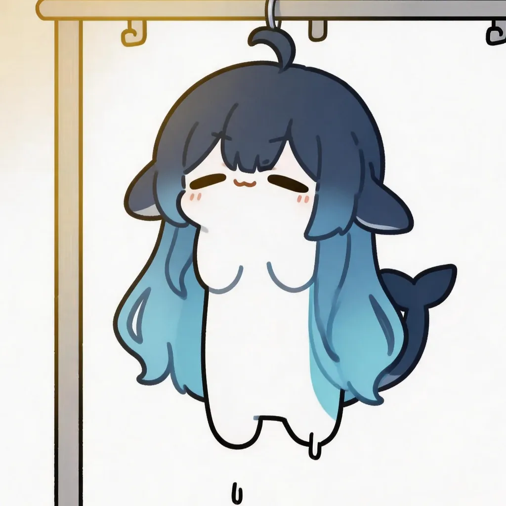 DeepSeek娘被挂上衣架的挂钩,长发与鲸尾自然垂下,闭眼抿嘴带红晕,身下还滴着一滴水珠,像刚被洗过晾起来的样子。