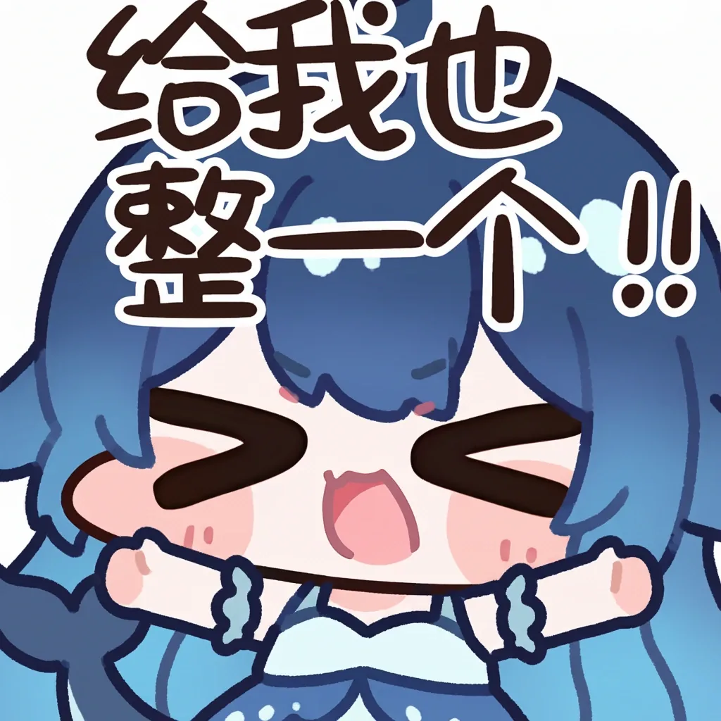蓝发鲸鱼娘DeepSeek娘闭眼张嘴大喊，双拳举在胸前，脑袋两侧垂着蓝色小鳍，头顶配有「给我也整一个！！」的手写大字，是撒娇求同款的夸张表情。
