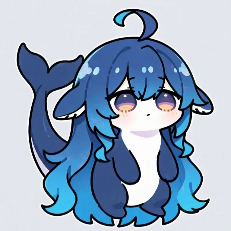 Q版蓝发鲸鱼娘，头顶翘起一撮呆毛，两侧长着鲸鳍状耳朵，身后拖着蓝色鲸尾；紫橙渐变的双眼半睁，脸颊泛红，白肚皮配深蓝背色，整体是软趴趴的蜷缩姿态。