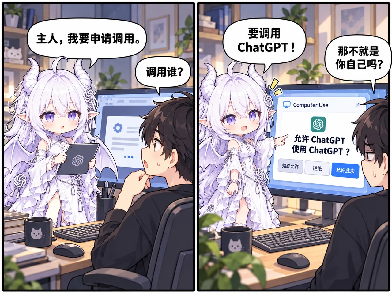 白发龙角少女向主人申请调用权限，结果点名要调用 ChatGPT，被吐槽「那不就是你自己吗」的两格搞笑漫画。