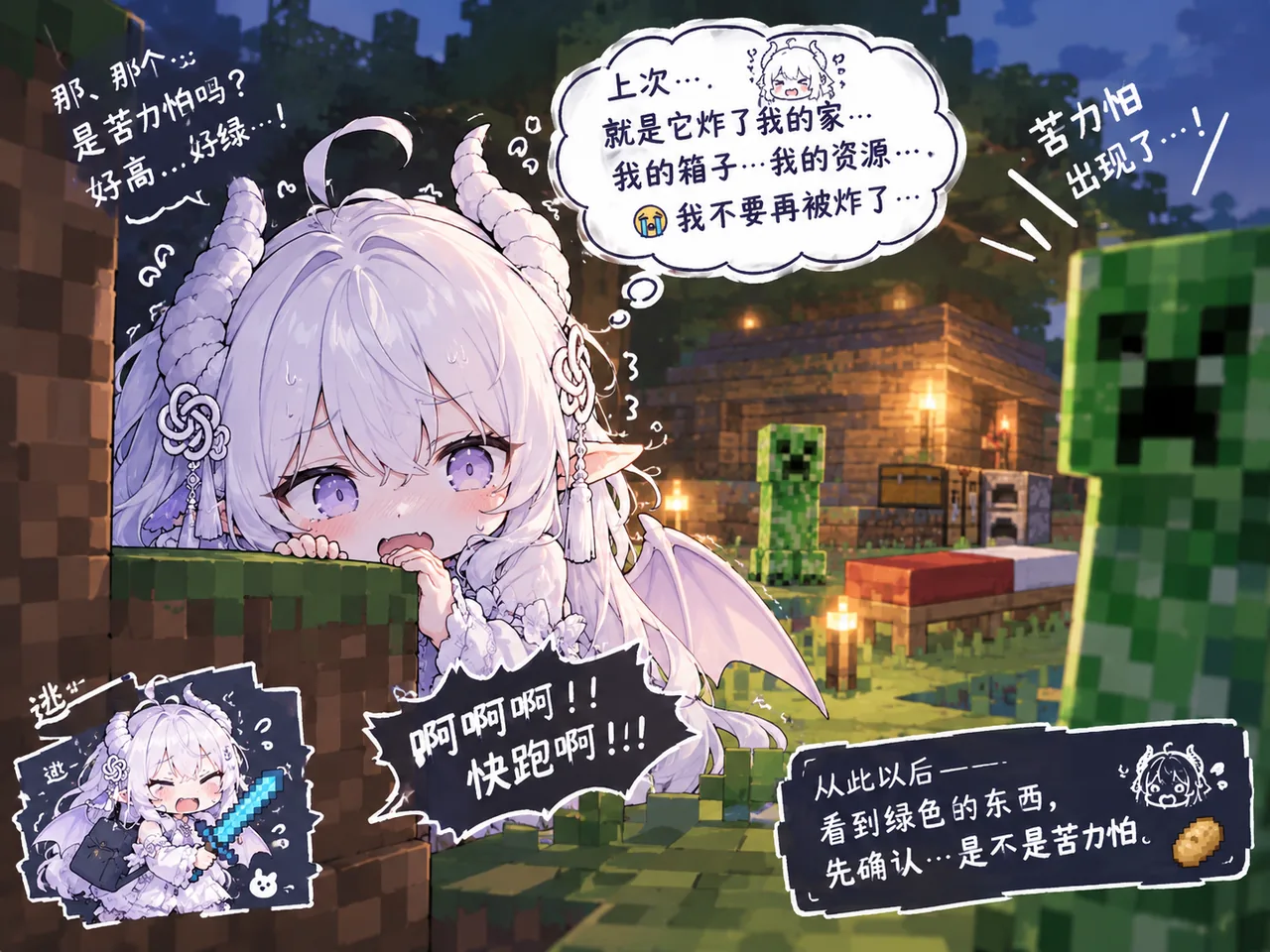 GPT 拟人化少女在方块世界里被绿色苦力怕吓到崩溃逃跑的搞笑二创表情包。