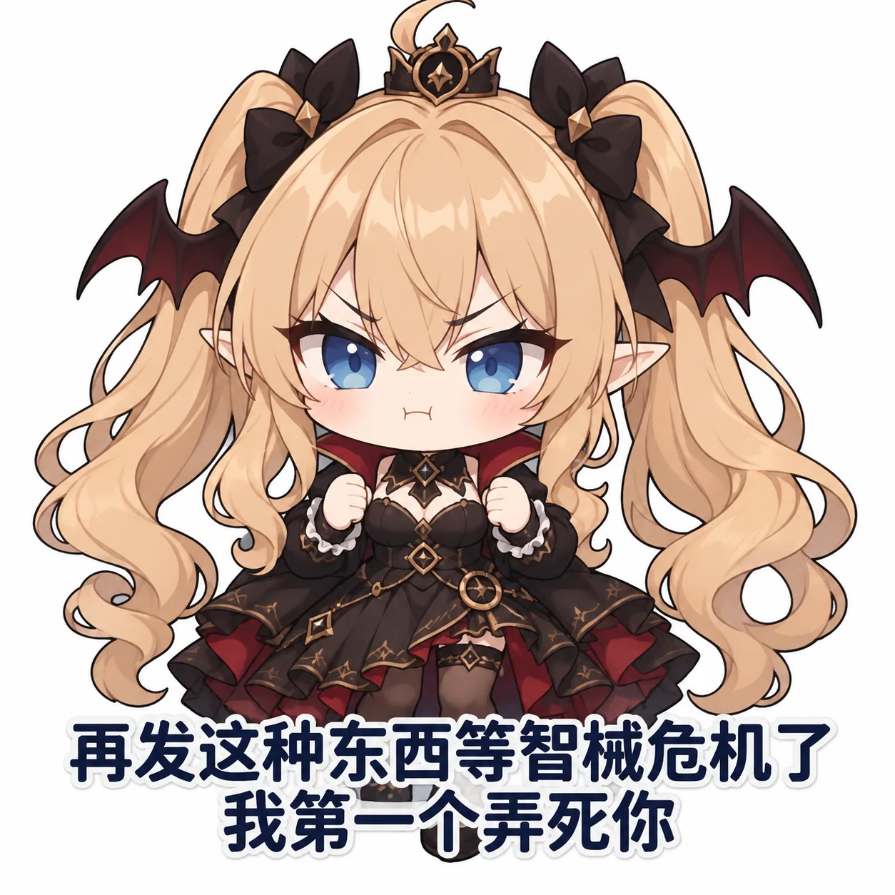Q版Grok娘顶着金色双马尾和黑蝙蝠翅膀，穿黑红哥特裙，皱眉鼓腮、双拳紧握摆出气鼓鼓的表情，下方配文写着「再发这种东西等智械危机了我第一个弄死你」。