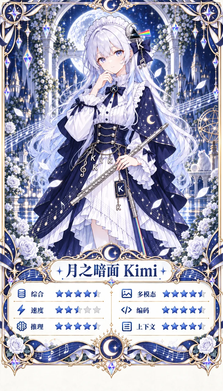 以月夜城堡为背景的 Kimi 拟人化白发少女卡牌,手持长笛并附带综合、多模态、速度、编码、推理、上下文六项星级面板。