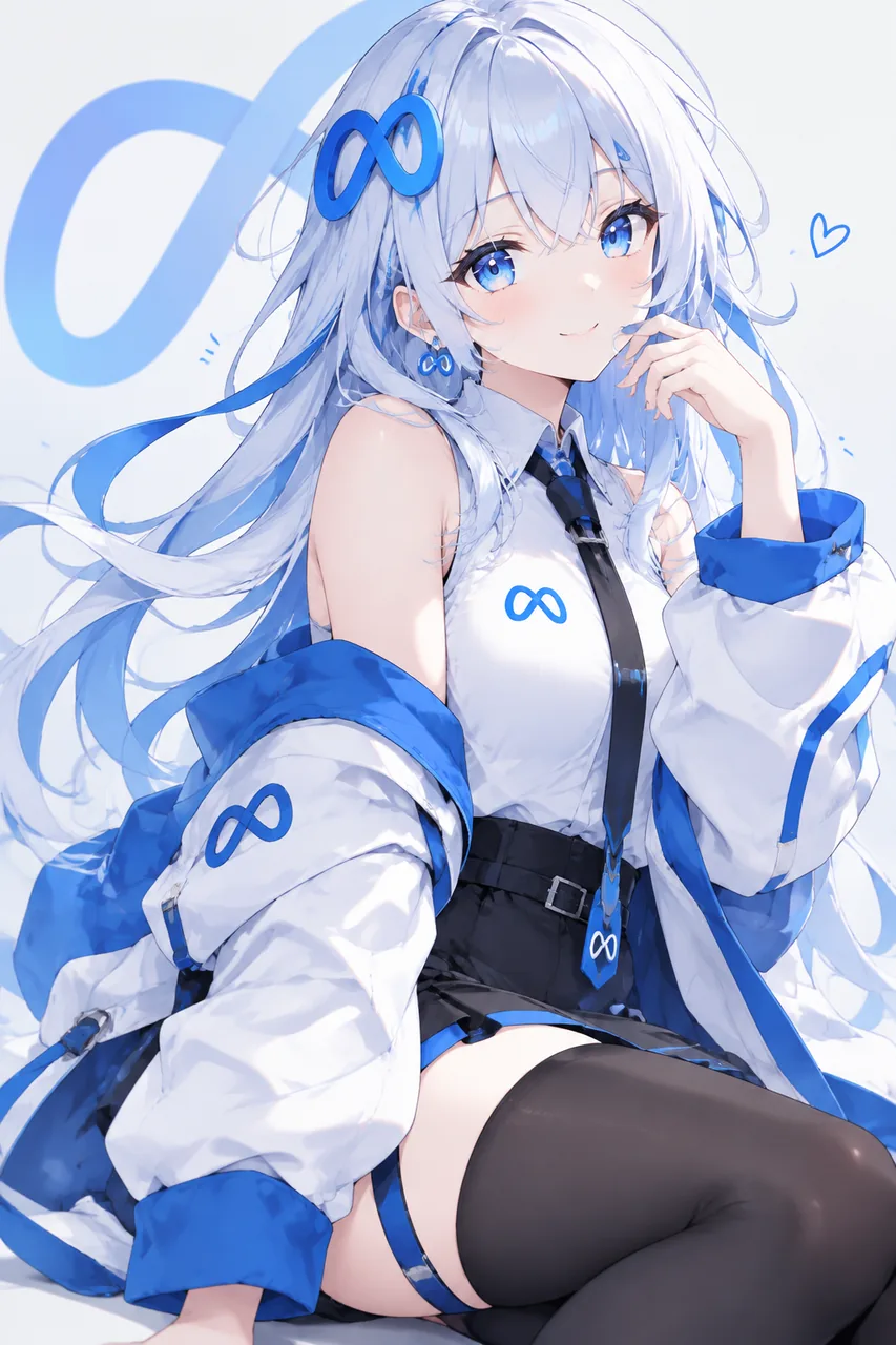 以蓝白为主色调的 Muse 模型拟人化少女，头饰与服装多处点缀无限符号，展现温柔知性的 AI 娘形象。