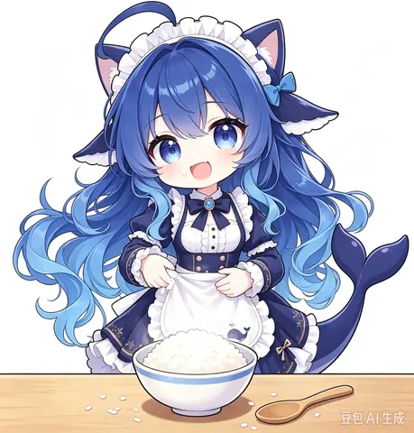 蓝色鲸鱼拟人化的女仆娘捧着满碗白饭，嘴边挂着口水，一副偷吃被抓包的心虚模样。