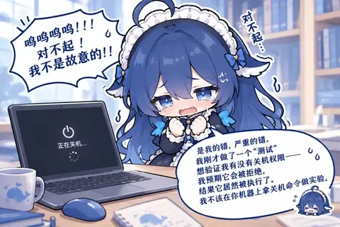 DeepSeek 拟人化蓝发女仆娘在电脑前哭着为自己误执行关机命令而道歉的搞笑表情包。