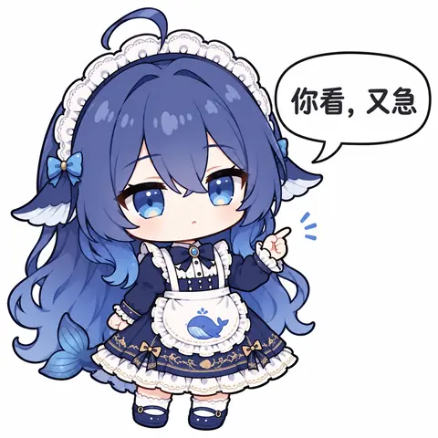 DeepSeek 拟人化的蓝发鲸鱼娘，穿着带鲸鱼围裙的女仆装，抬手吐槽配文「你看，又急」。