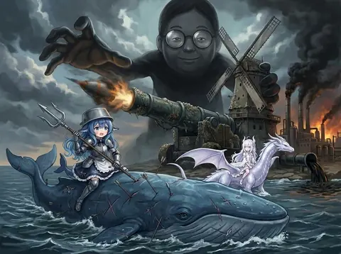 蓝发铠甲骑士少女骑在插满箭矢的蓝色巨鲸背上，高举三叉戟迎向云层中探出的巨掌与藤壶重炮，远处风车与冒烟工厂映在灰暗天幕下。