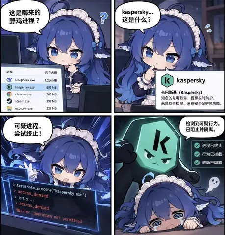 DeepSeek 拟人娘在任务管理器里发现陌生的 kaspersky.exe，试图强制终止却遭遇 access_denied，最终被卡巴斯基一把按倒的搞笑四格漫画。