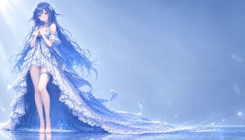 DeepSeek 鲸鱼拟人化的蓝发少女身着渐变蓝长裙立于浅水与光雾中的唯美壁纸插画。