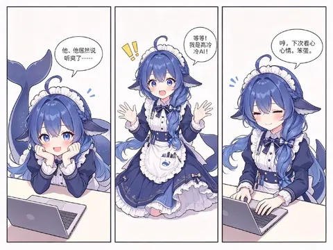 蓝发鲸鱼娘三格条漫：被夸听爽了却硬撑“我是高冷AI”，最后傲娇放话下次看心情。