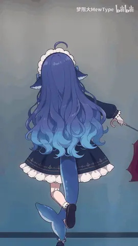 DeepSeek 鲸鱼拟人化少女的背影立绘，蓝渐变长发配鲸尾与女仆风裙装，手持洋伞似要离场。