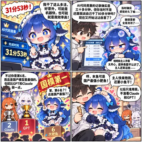 四格漫画讲述 DeepSeek 拟人角色在 AI 代码竞赛中拿到 31 分 53 秒成绩、自夸效率高后被主人用成绩榜揭穿只排第 6 名，随后又被夸「国产模型里最强」而重拾自信撒娇的全过程。