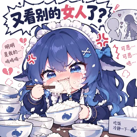 蓝发蓝鲸拟人少女边哭边扒饭，看到你去看别的女人后醋意大发，画面堆满空碗与眼泪。