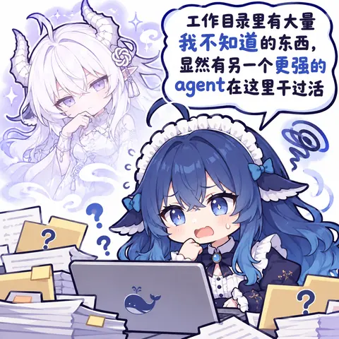 蓝发女仆装的 DeepSeek 拟人角色对着贴有蓝鲸标志的笔记本一脸困惑，吐槽工作目录里全是自己不认识的遗留产物。