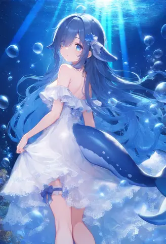 深蓝海底中，一位长着鲸鳍与鲸尾、蓝发蓝眼的少女穿着白色蕾丝裙回眸，气泡与光柱环绕。