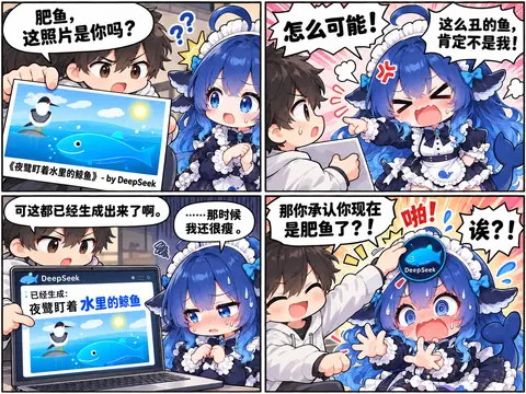 四格漫画中用户拿出 DeepSeek 生成的《夜鹭盯着水里的鲸鱼》截图，追问蓝发女仆拟人 DeepSeek 那只胖蓝鲸是不是她本人。