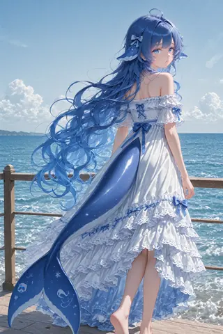 蓝发蓝鲸拟人少女身着白色蕾丝连衣裙，在海边木栈道上回头眺望。